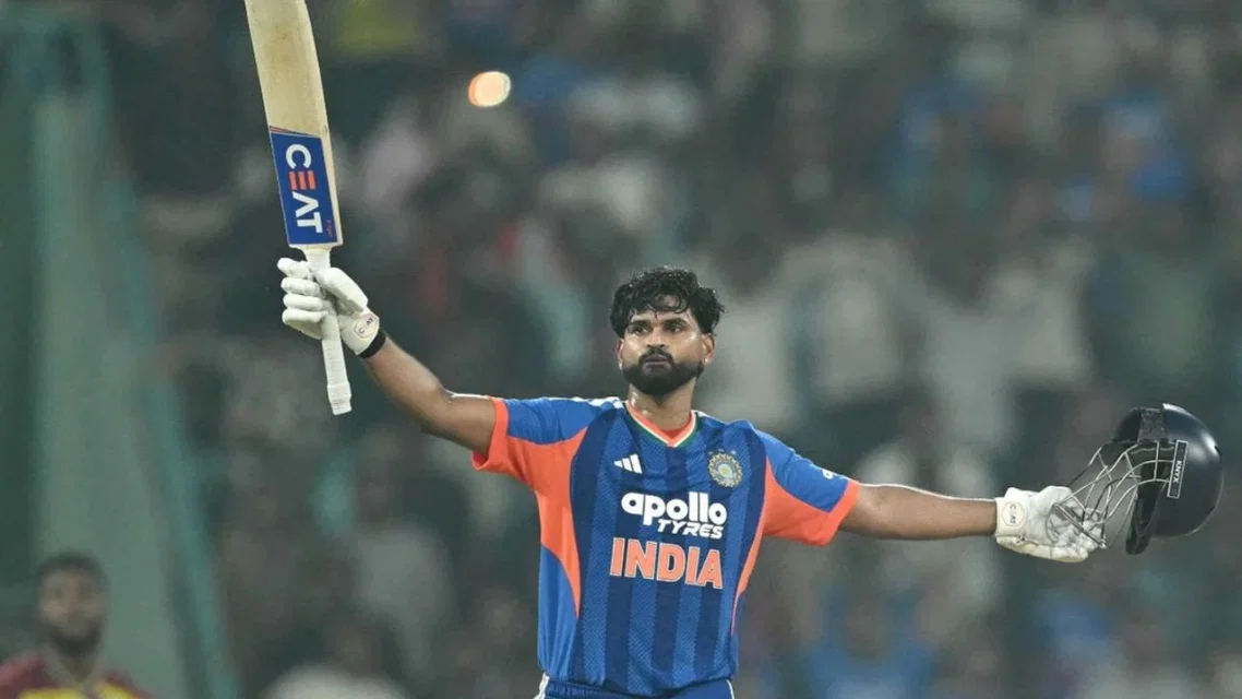Shreyas Iyer celebrates his century against West Indies in T20I cricket
