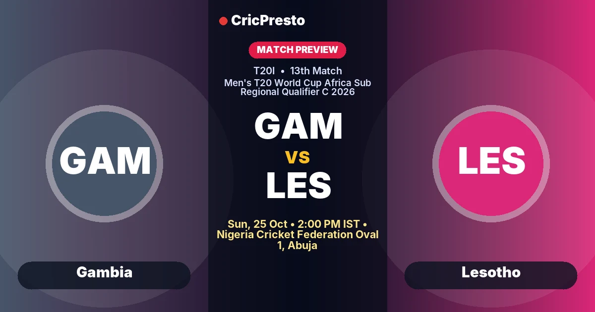 Gambia vs Lesotho 13th T20I prediction at Nigeria Cricket Federation Oval 1, Abuja